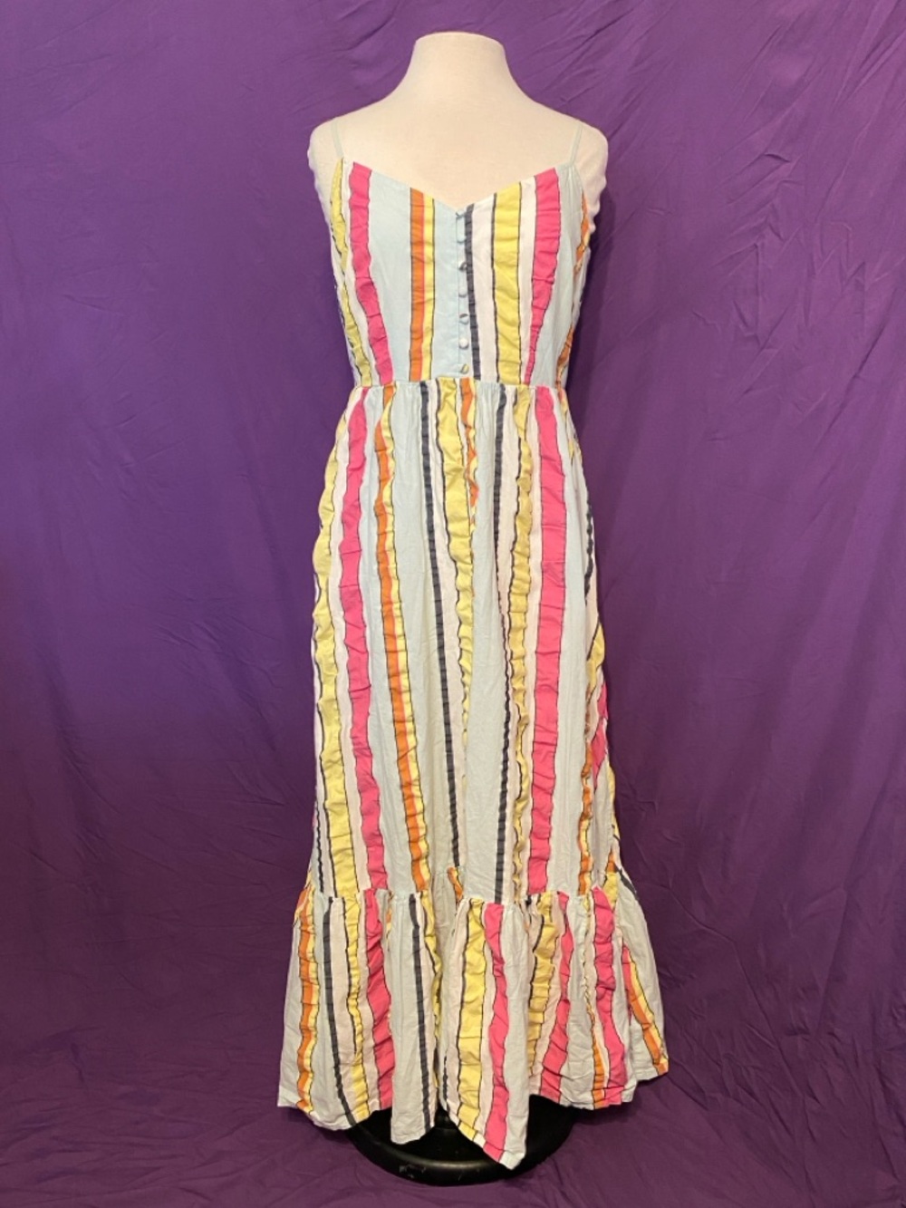 J. Crew Striped Ruffle Maxi Dress in Blue/Pink/Yellow/Orange. Size 10.